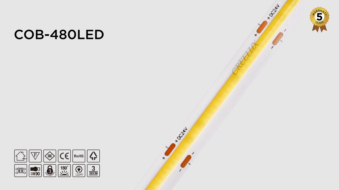CREELUX- COB LED Strip - warm white 480Leds/M - 5 Years Warranty