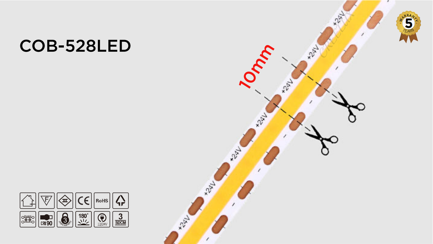 CREELUX- COB LED Light Strips Mini Cutting 528Leds/M - 5 Years Warranty